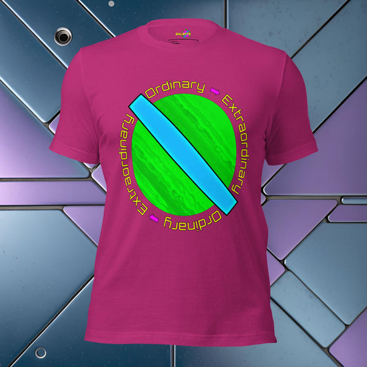 Pink t-shirt with a colorful graphic design on a geometric patterned background
