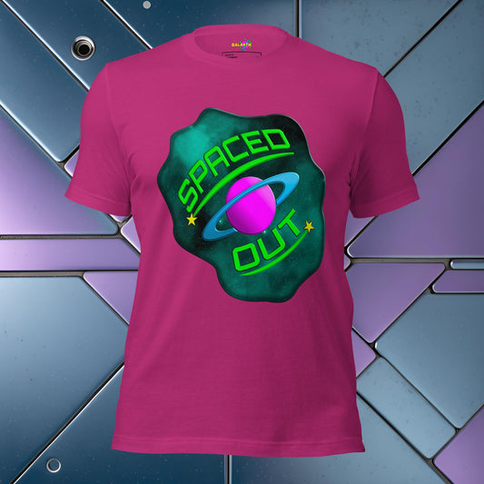 Pink t-shirt with 'Spaced Out' graphic design on a geometric patterned background