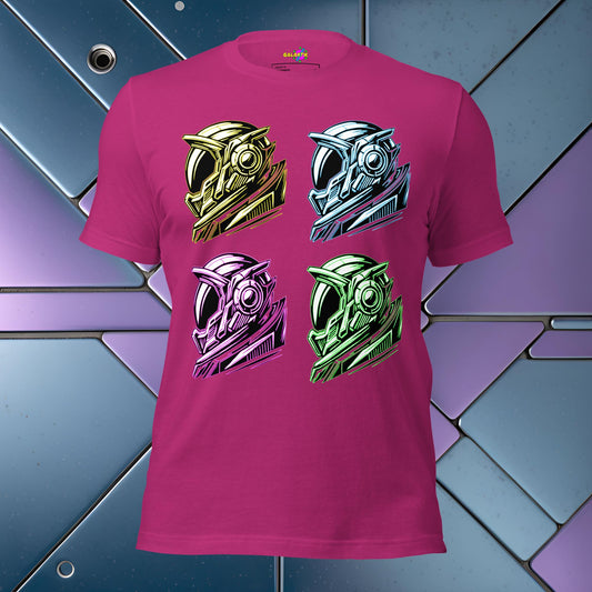 Pink t-shirt with colorful helmet designs on a geometric patterned background