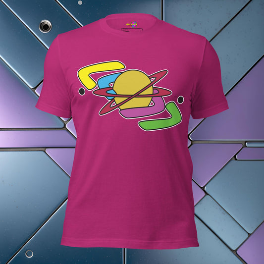 Pink t-shirt with colorful graphic design on a geometric patterned background