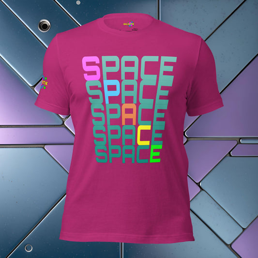 Pink t-shirt with 'SPACE' text in colorful letters on a geometric background
