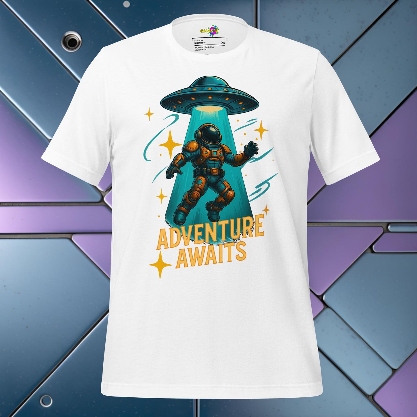White t-shirt with space-themed design featuring an astronaut and 'Adventure Awaits' text on a colorful geometric background.
