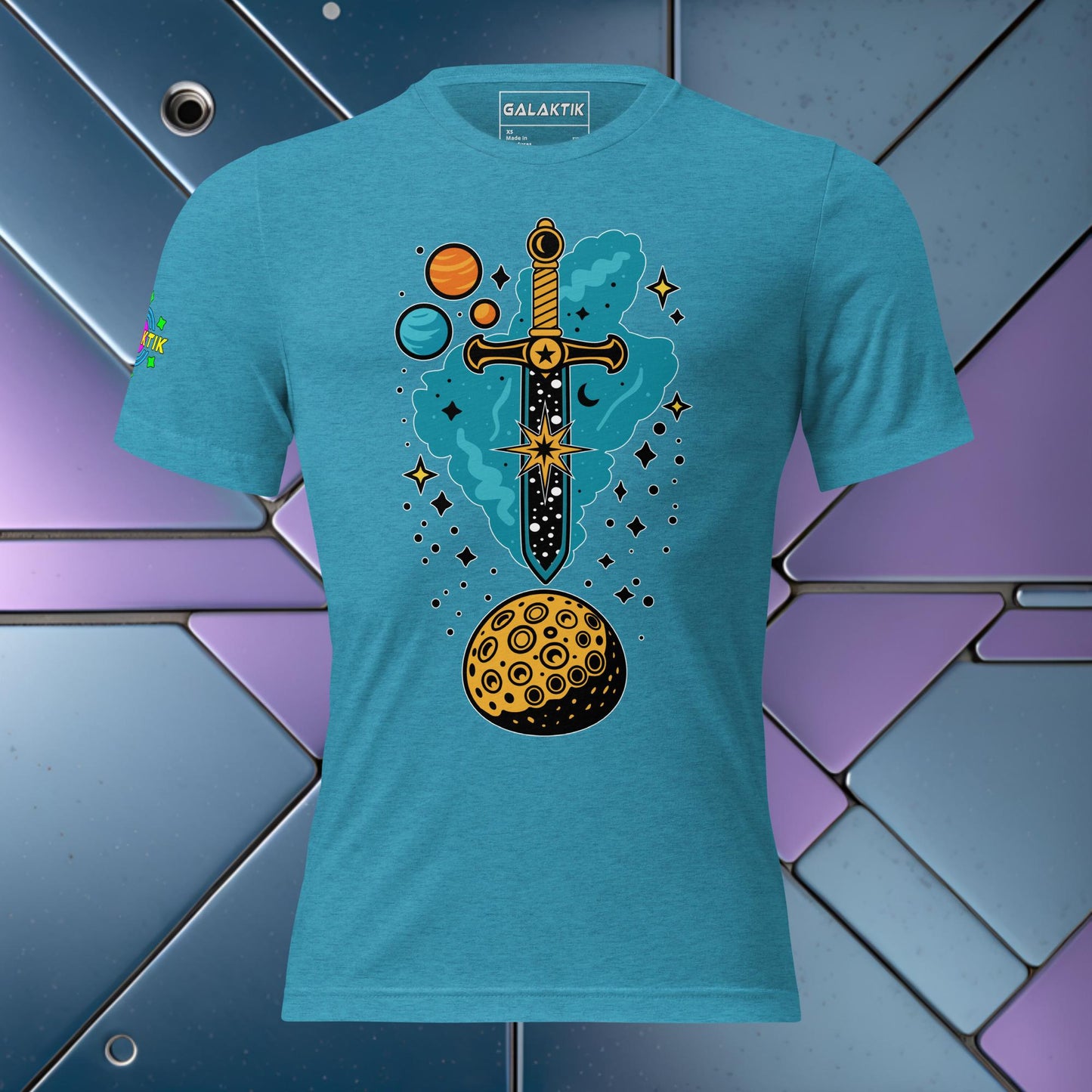 Product Mockup of a unisex t-shirt made from a tri-blend fabric with a cosmic inspired Sword of Damocles design the base color of the shirt a light blue aqua.