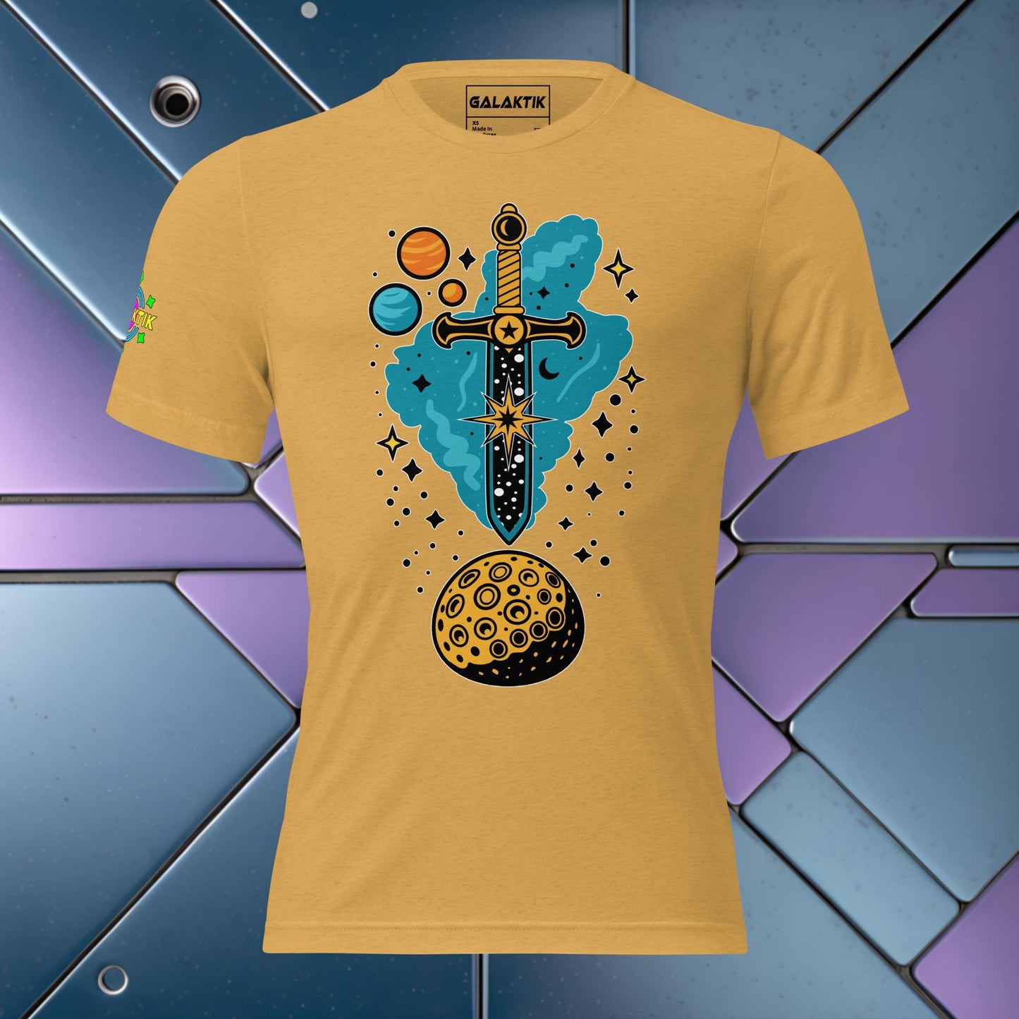 Product Mockup of a unisex t-shirt made from a tri-blend fabric with a cosmic inspired Sword of Damocles design the base color of the shirt is a bright yellow.