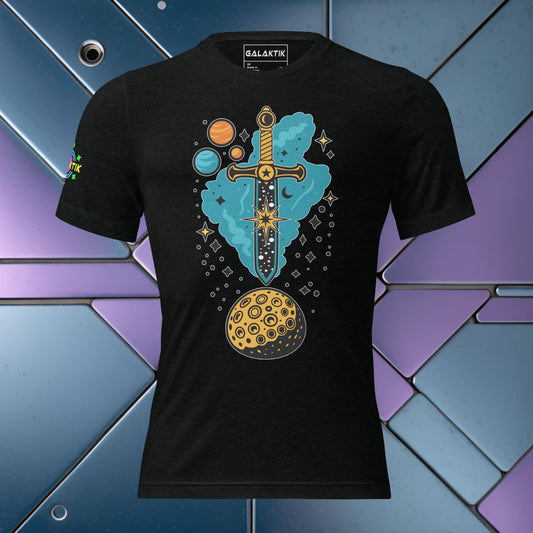 Product Mockup of a unisex t-shirt made from a tri-blend fabric with a cosmic inspired Sword of Damocles design the base color of the shirt a solid black.
