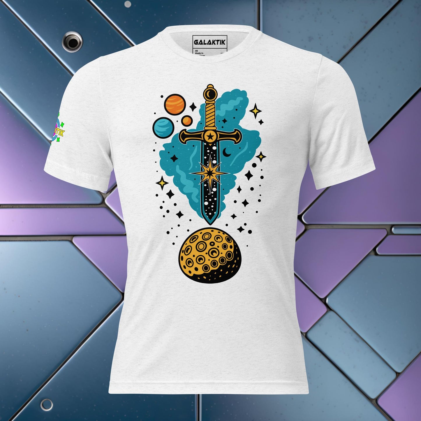 Product Mockup of a unisex t-shirt made from a tri-blend fabric with a cosmic inspired Sword of Damocles design the base color of the shirt is a pure white.