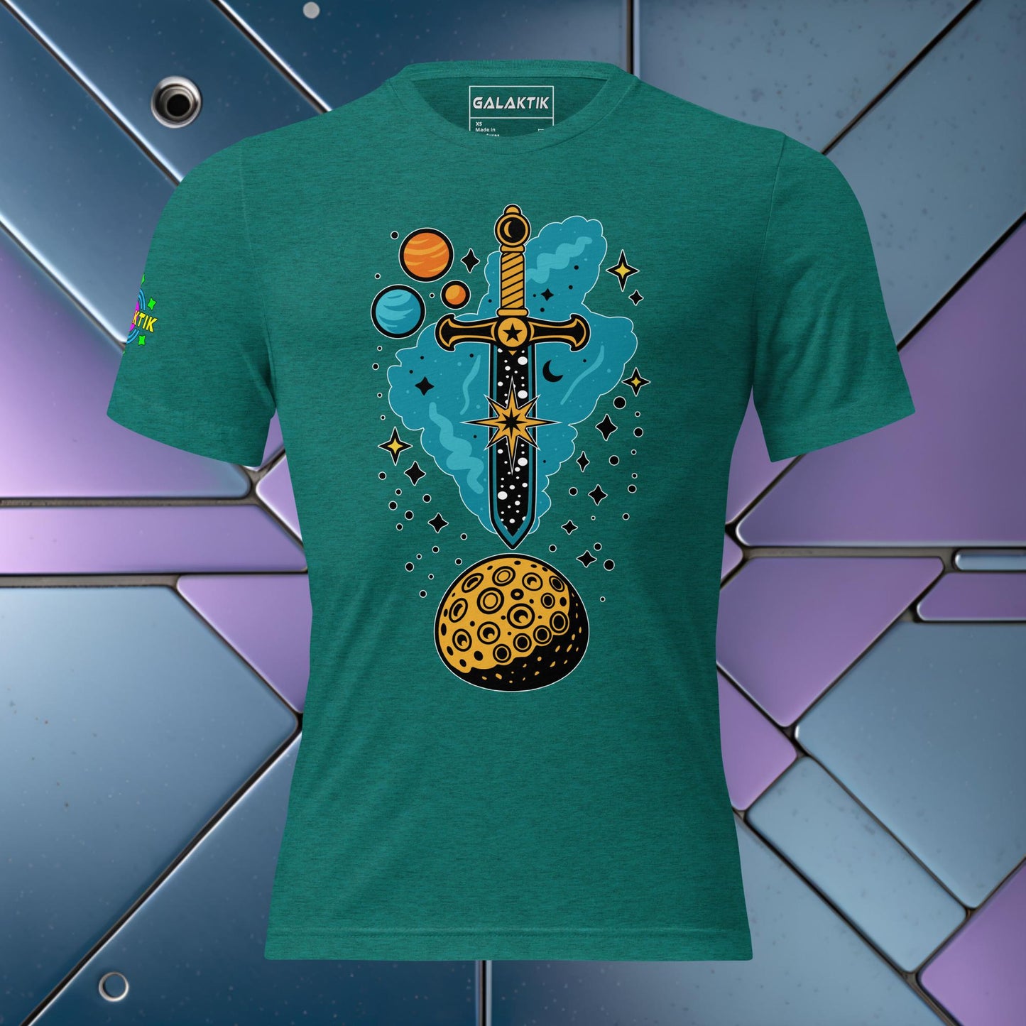Product Mockup of a unisex t-shirt made from a tri-blend fabric with a cosmic inspired Sword of Damocles design the base color of the shirt is a deep teal
