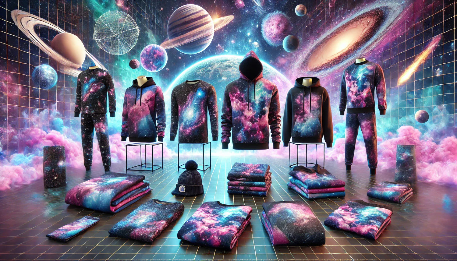 Futuristic fashion with cosmic prints on t-shirts, hoodies, and track pants. Models pose in a sleek, modern setting with galactic backgrounds and futuristic lighting, showcasing bold, unisex designs.