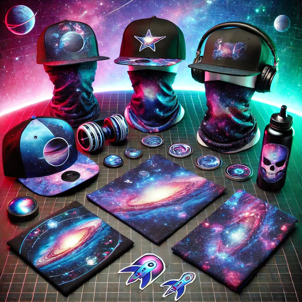 Futuristic scene showcasing cosmic-inspired accessories like neck gaiters, snapback hats, and stickers with nebula and star designs. The accessories are laid out against a vibrant galactic backdrop with futuristic lighting.