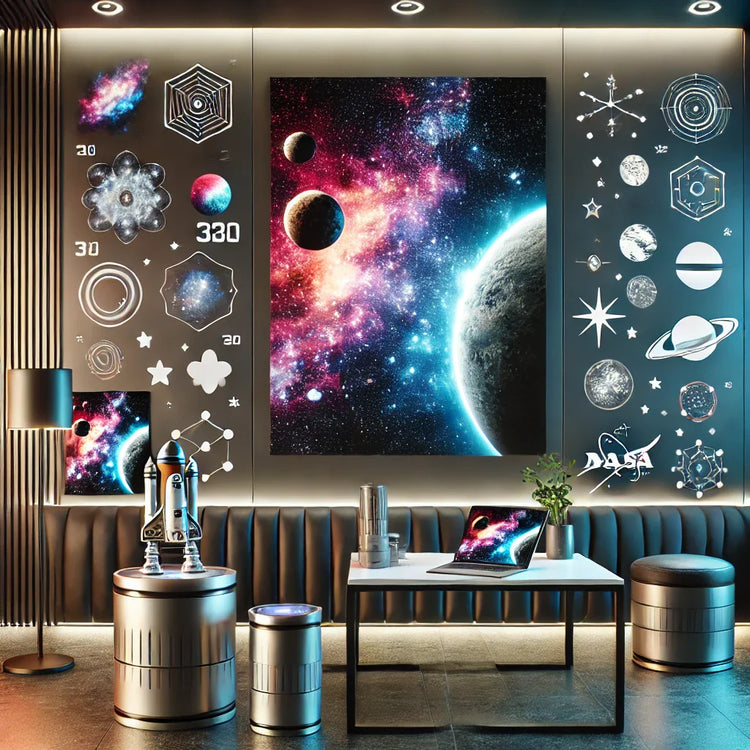 Futuristic scene featuring space-themed decor items like wall art, posters, and stickers with nebula and planet designs, set in a sleek, modern interior with vibrant cosmic colors and galactic lighting.
