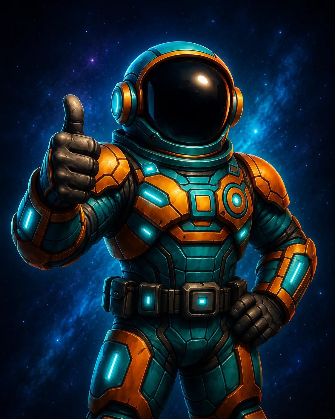 Galaktik Cosmic Explorer mascot in teal and orange space armor giving a thumbs-up against a blue cosmic starfield.