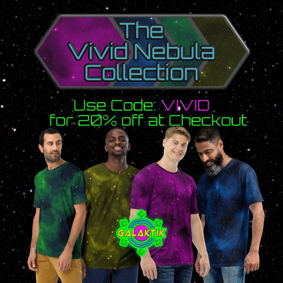 An advertisement that says "20% off using code VIVID at checkout" and shows 4 men wearing color shirts from the Vivid Nebula Collection