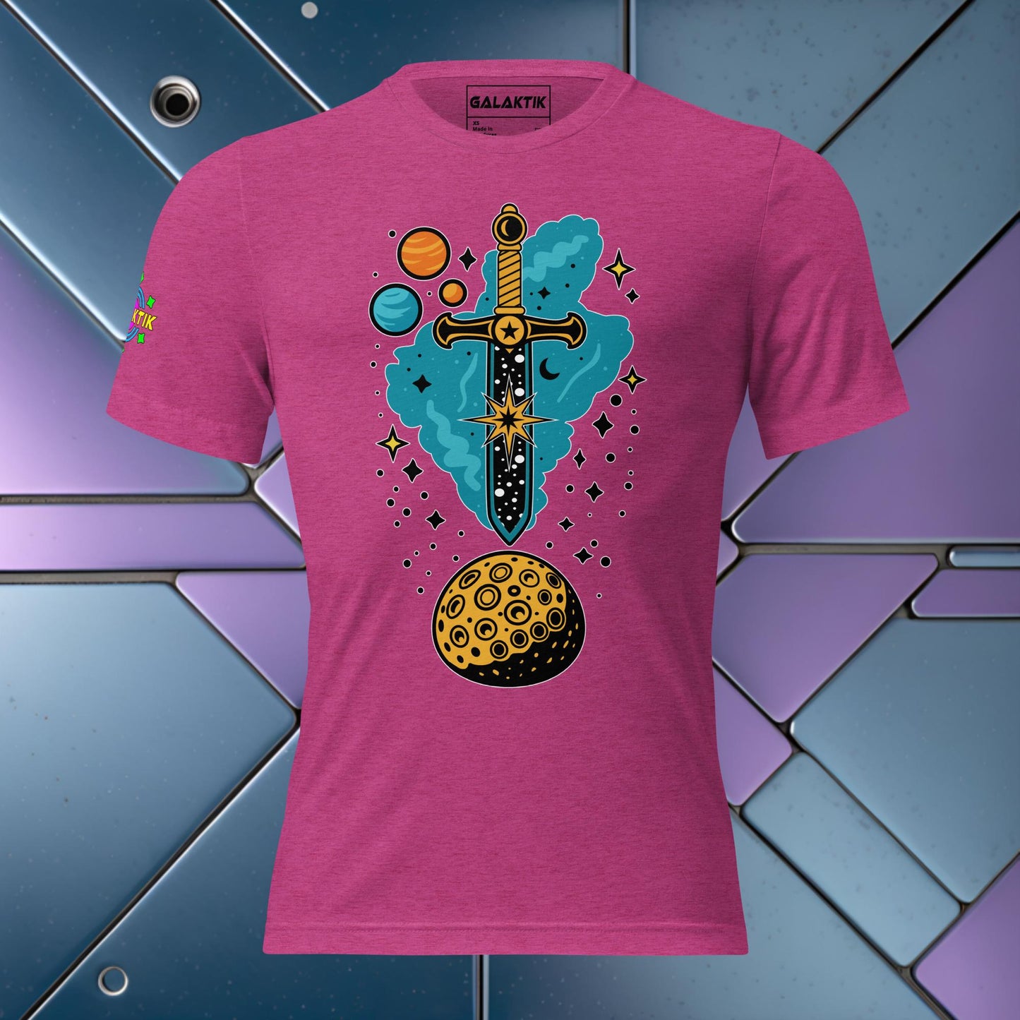 Product Mockup of a unisex t-shirt made from a tri-blend fabric with a cosmic inspired Sword of Damocles design the base color of the shirt a berry color.