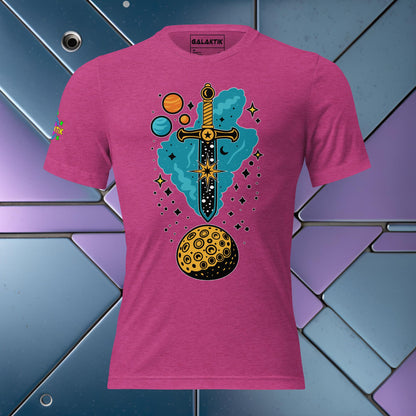 Product Mockup of a unisex t-shirt made from a tri-blend fabric with a cosmic inspired Sword of Damocles design the base color of the shirt a berry color.