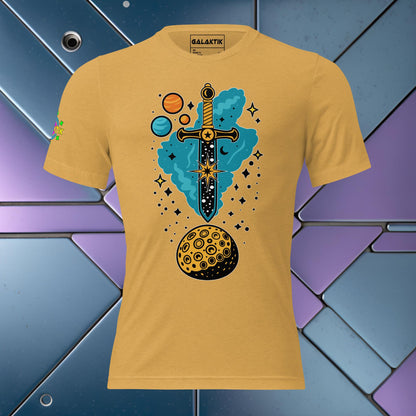 Product Mockup of a unisex t-shirt made from a tri-blend fabric with a cosmic inspired Sword of Damocles design the base color of the shirt is a bright yellow.